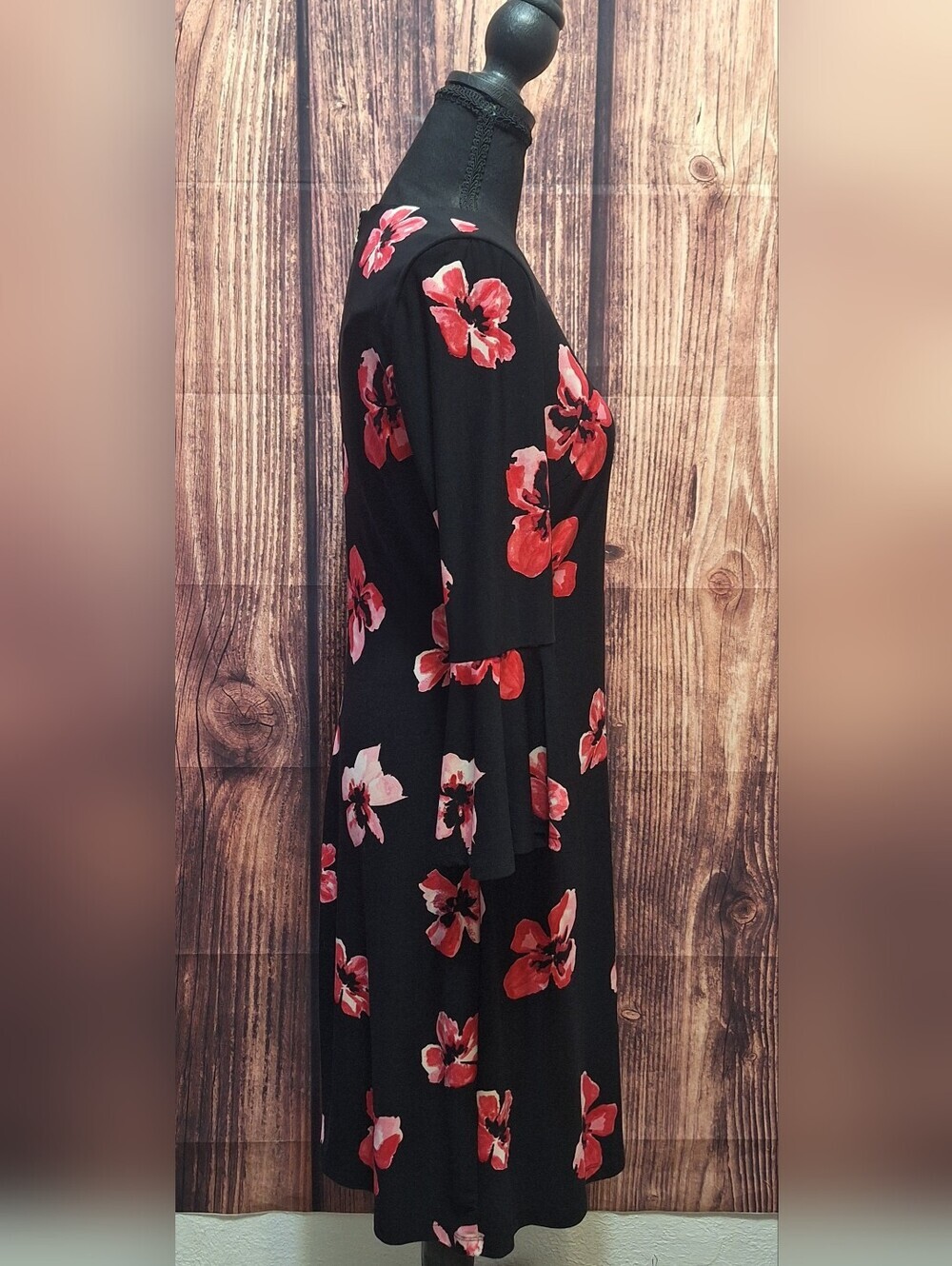 Tommy Hilfiger Black Long Bell Sleeves Midi Dress with Red & Pink Floral Print - Picture 3 of 7